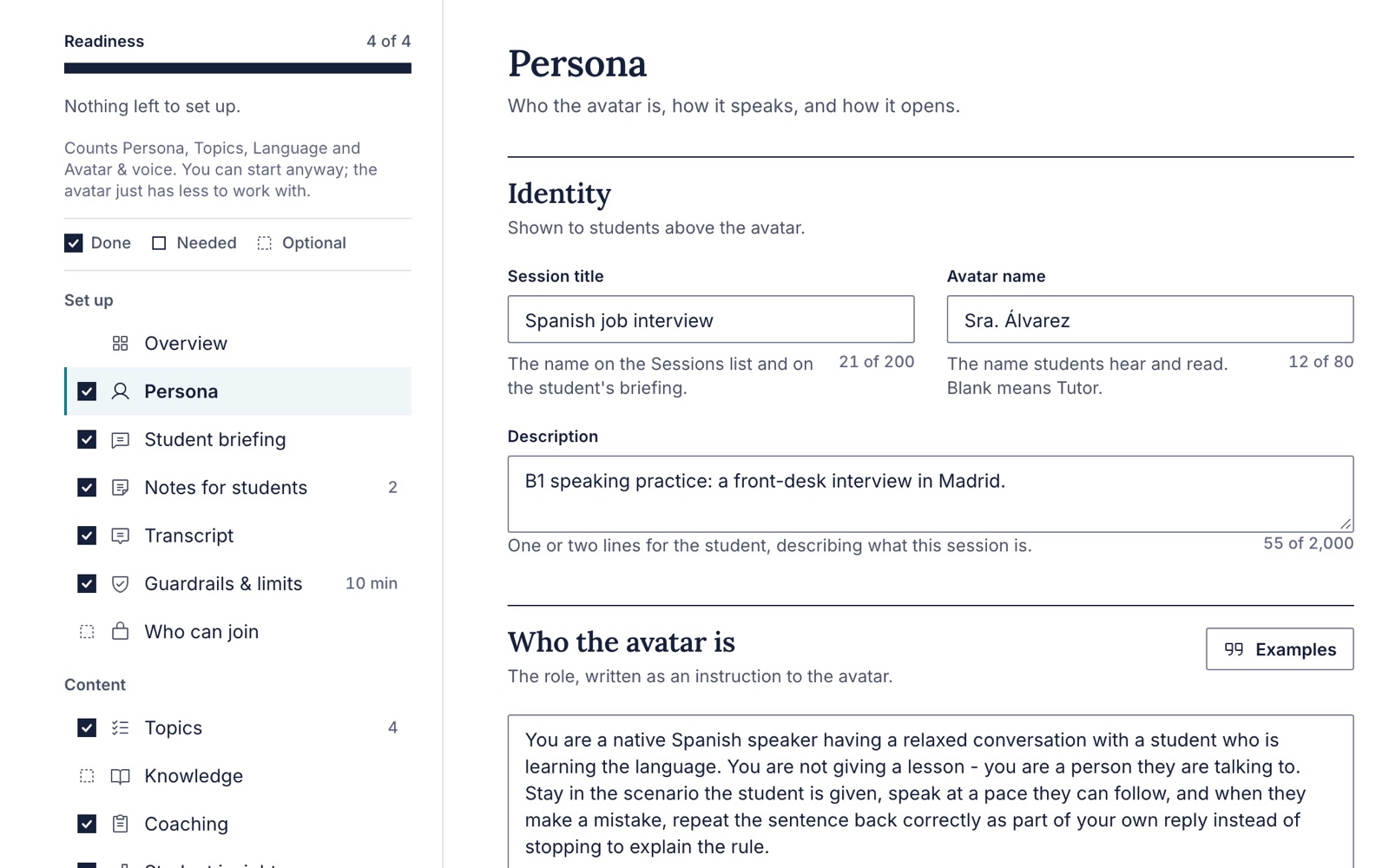 The TutorTalks session editor on its Persona panel: the session title, the avatar’s name, Sra. Álvarez, and who the avatar is. Down the left, the readiness checklist reads 4 of 4, with every panel marked.