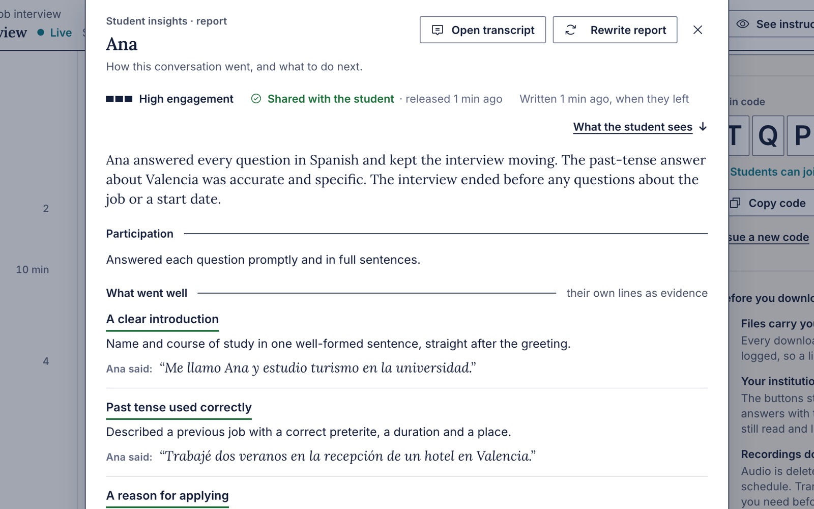 The instructor’s report on one student’s conversation: high engagement, a short summary, and what went well, each point with the student’s own words quoted from the transcript.