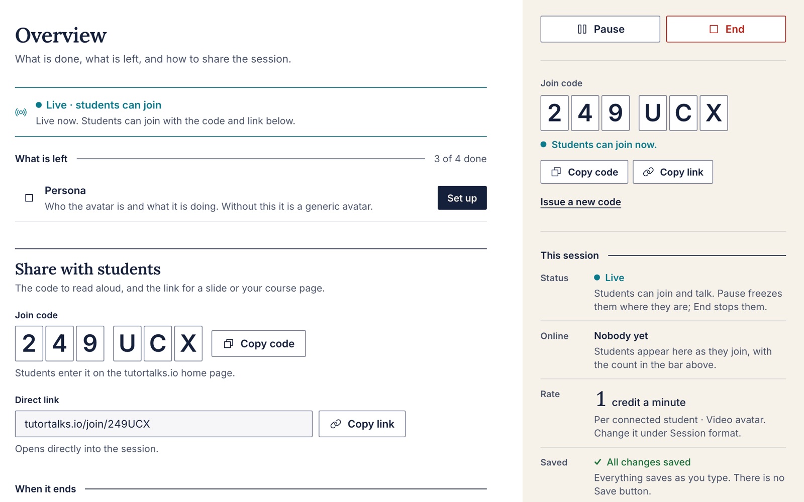 A live session in the editor. Pause and End sit above the join code 249 UCX, marked Students can join now, and the Overview reads Live, students can join.