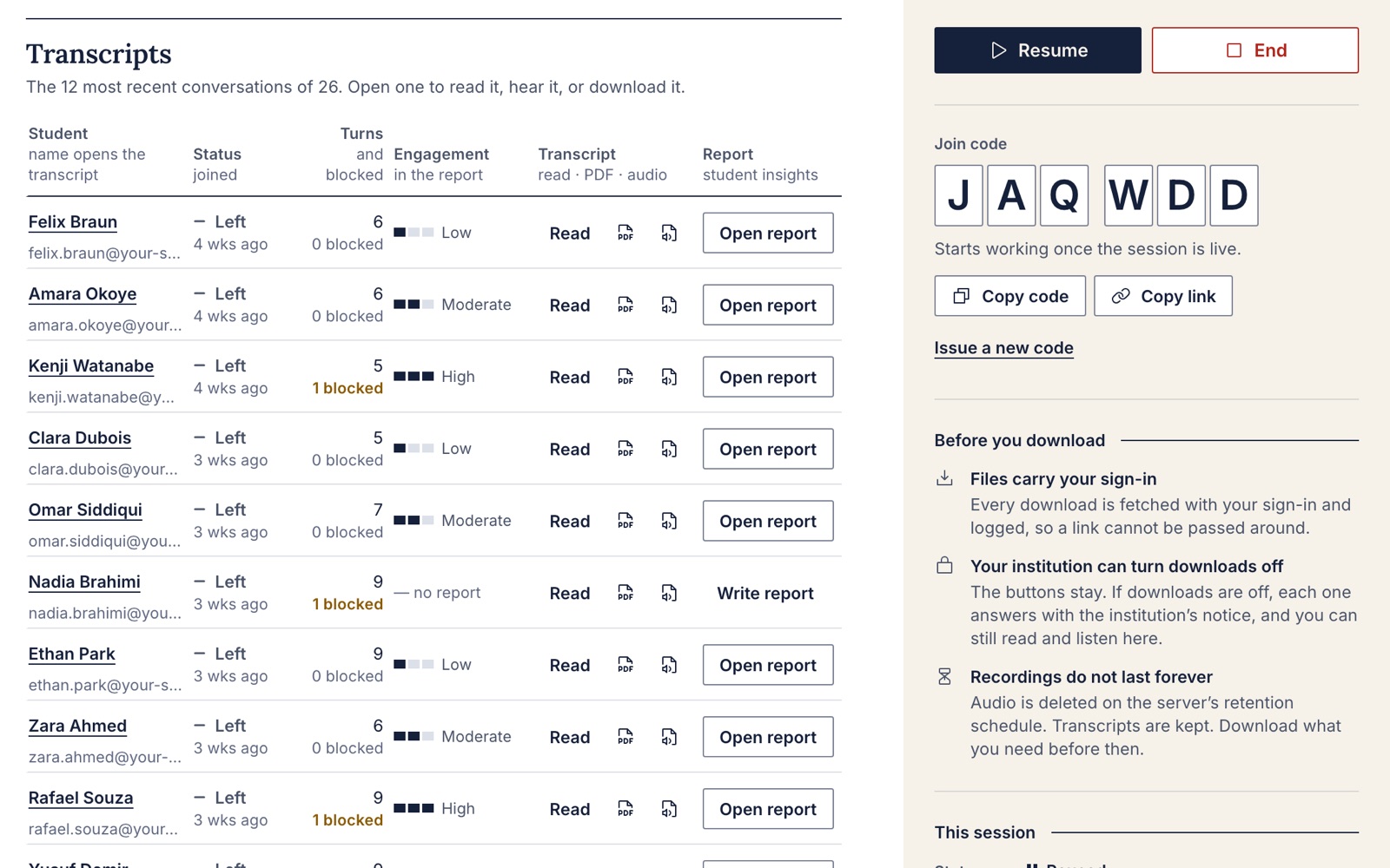 The Students panel’s Transcripts table: one row per student with their status, turns, engagement, Read, PDF and audio buttons, and Open report.