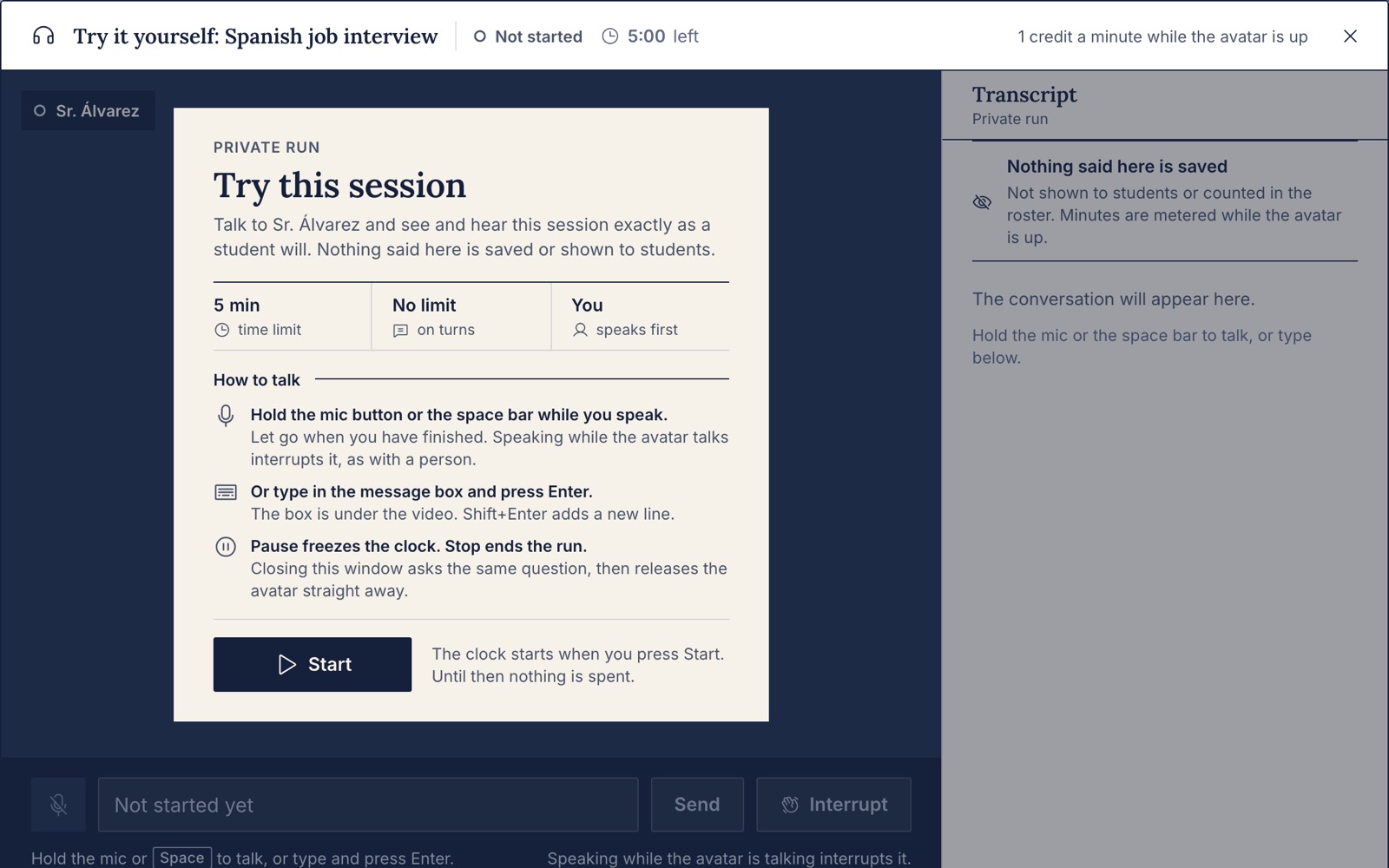 The Try it yourself window for a Spanish job interview: a Try this session card explains how to talk to the avatar, with a Start button, and a transcript column notes that nothing said here is saved.